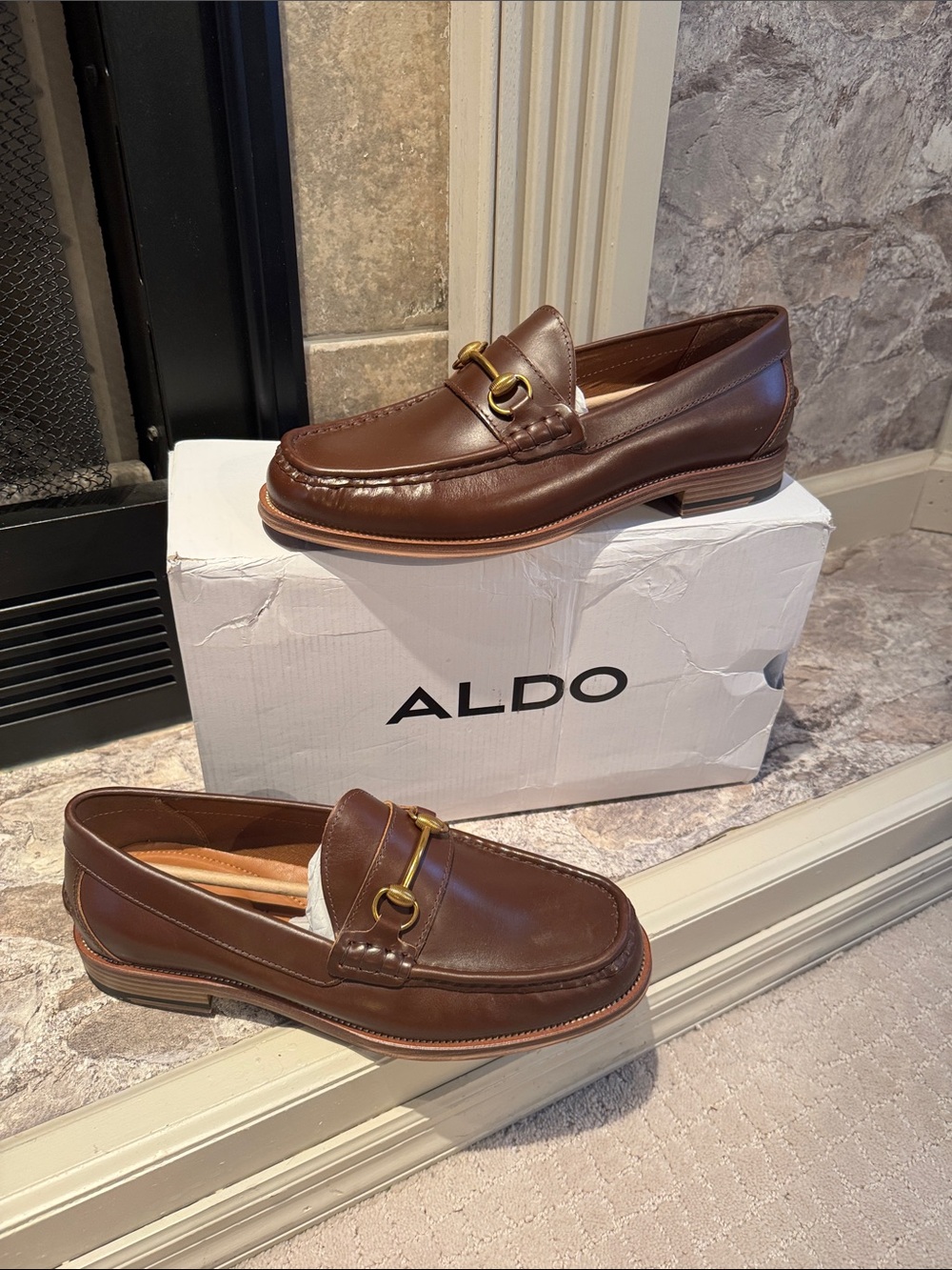 Aldo Men’s Brown Leather Bit Loafers with Gold-Tone Hardware